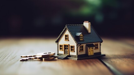 close up of home model and house keys, Generative Ai, architecture, building, mortgage, real estate and property concept