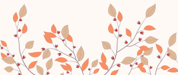 Autumn floral graphic vector background. Wallpaper design with branches, flowers, wild grass, berries. Autumn season minimal botanical illustration suitable for fabric, prints, cover.