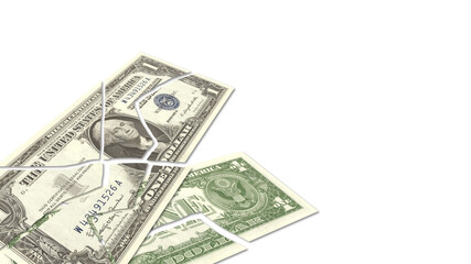 Financial and economic illustration. 3D banknotes of 1 US dollar denomination broken and torn to pieces. Crisis, default or collapse of the economy. White isolated background.