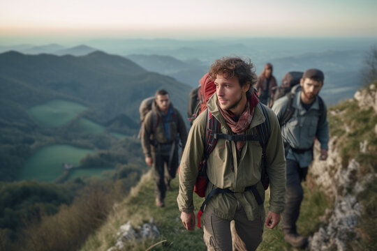 Generative AI illustration of male hikers in casual clothes with backpack walking on hill and looking away while trekking on mountain against lush green scenery