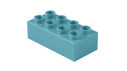 Aqua Plastic Block Isolated on a White Background. Children Toy Brick, Perspective View. Close Up View of a Game Block for Constructors. 3D illustration. 8K Ultra HD, 7680x4320, 300 dpi