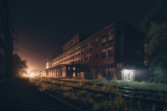Abandoned Industrial Building Exteriors at Night with Dim Lighting