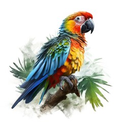 A colorful parrot perched on a transparent background. Generative AI.
