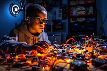 Generative AI illustration of diligent boy in glasses creating glowing electric board in dark room