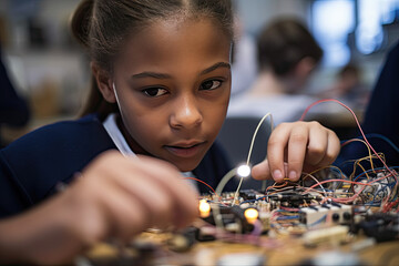 Generative AI illustration of smart black girl connecting wires on motherboard during electronic class
