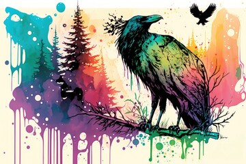 Raven on a background of colored forest grunge