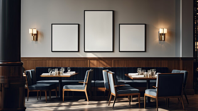 Modern scandinavian style cafe interior with three big picture frame mockups. AI generative