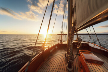 Generative AI illustration of scenic view of sailboat with wooden deck and mast with rope floating on rippling dark sea against cloudy sunset sky