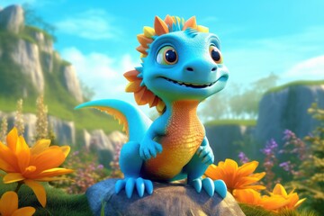 Fototapeta premium Cute Adorable Baby Dragon Lizard in 3D-Style Standing in Nature in Children-Friendly Cartoon Animation Fantasy Style generative AI.