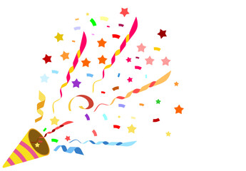 vector design party horns or cartoon soccer trumpet with confetti. Football fan blower or cone toy for children, kids. Stadium megaphone or klaxon instrument,noisemaker.Celebration, musical theme