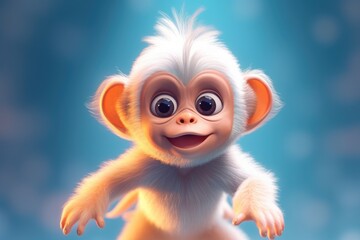 Fototapeta premium Cute Adorable Baby Monkey Chimpanzee in 3D-Style Standing in Nature in Children-Friendly Cartoon Animation Fantasy Style generative AI