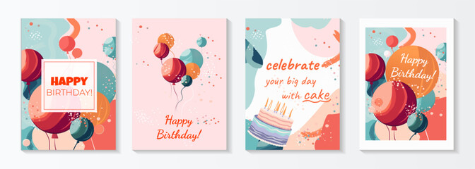 Set of lovely birthday cards design with cake, balloons and typography design. Abstract universal grunge artistic templates. For poster, business card, invitation, flyer, banner, email header - obrazy, fototapety, plakaty