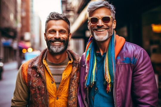 Generative AI illustration of cheerful bearded diverse homosexual males looking at camera while standing in daylight against blurred city buildings