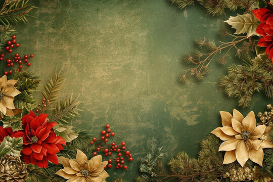 Fir tree twigs and poinsettia flowers edges on simple background with copy space. Generative ai