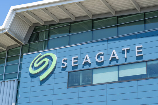 Close up of Seagate sign on the building atits operational headquarters in Fremont, California, USA - June 11, 2023. Seagate Technology Holdings plc is an American data storage company.