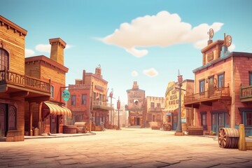 Fototapeta premium Western Desert Town with Wooden Buildings and Clear Blue Sky