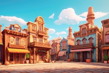 Naklejka premium Cartoon Western town with wooden buildings and clear blue sky