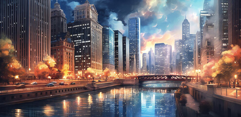 Chicago city view from the river during sunset. Generative ai