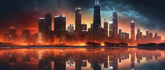 Fototapeta premium Chicago skyline, city lights up at night. Generative ai illustration