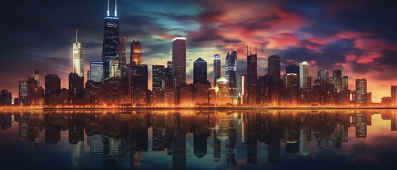 Chicago skyline, city lights up at night. Generative ai illustration