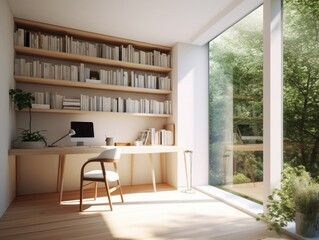 Cozy study room interior with book shelves, sofa and large windows. Generative AI