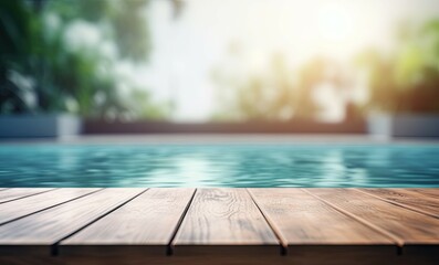 Abstract pool ambiance. Blurred pool background with wooden table for product showcase