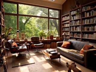 Cozy study room interior with book shelves, sofa and large windows. Generative AI