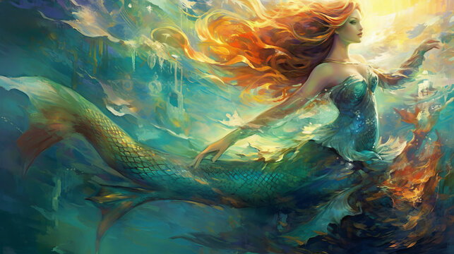 Illustration of a mermaid the mythical creature is in middle of ocean waves