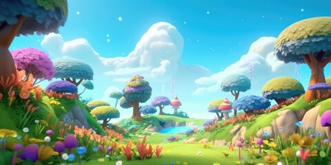 Fototapeta na wymiar Magical 3D Cartoon Forest and Gardens on an Alien Planet for Kids' Animation generative AI