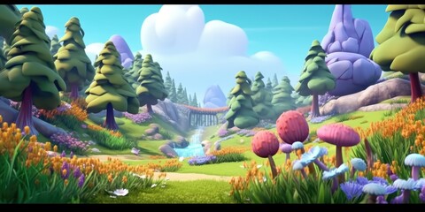 Magical 3D Cartoon Forest and Gardens on an Alien Planet for Kids' Animation generative AI