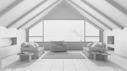 Total white project draft, penthouse interior design, minimal living room with sloping wooden ceiling and big panoramic window. Fabric sofas and decors. Japandi scandinavian style