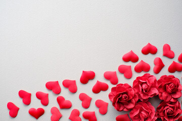 Love Valentines day romantic background. hearts and roses beautiful.Empty space Valentines day background with red hearts