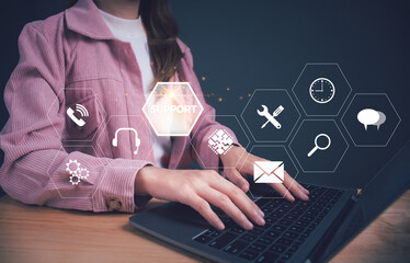 Hand using computer with VR screen support customer icon. Technical support customer service Technology internet, it support, call center, customer service help, Business Technology Internet Concept