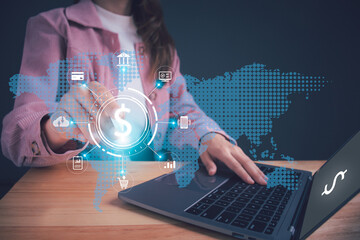 Businesswoman using computer virtual global Internet connection metaverse. Business global internet connection app technology and digital marketing, Financial and banking, Digital link tech, big data.