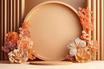 Modern background platform with orange podium. stand show cosmetic product. Generative AI