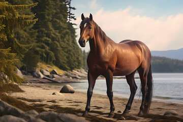 Cleveland Bay - United Kingdom - Cleveland Bays are an old English breed known for their strength, versatility, and elegant appearance, often used for driving and riding (Generative AI)