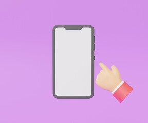 3D mobile cartoon phone isolated on purple background.Smartphone hand holding or finger on white blank screen.Empty copy space.Social media concept,Template.3d render,illustration