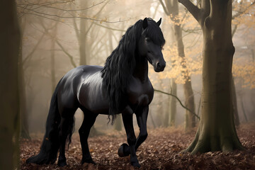 Friesian horse - Netherlands - Friesian horses are majestic and known for their black coat, luxurious mane, and tail (Generative AI)