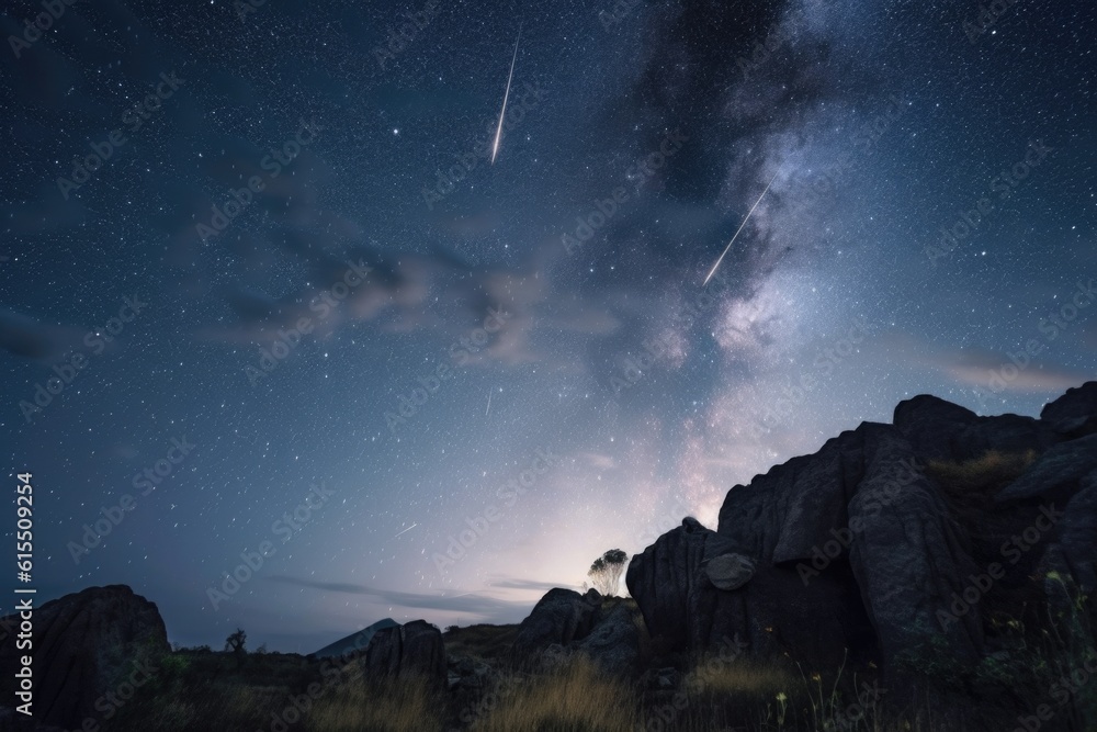 Wall mural a celestial scene with a meteor shower, stars and planets visible in the sky, created with generativ
