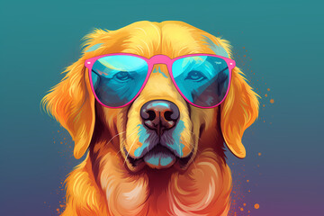 Cute Golden Retriever wearing Sunglasses, Blue Background, AI-Generated Image	
