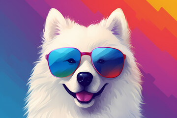 Cute Samoyed wearing Sunglasses, Colorful Background, AI-Generated Image	
