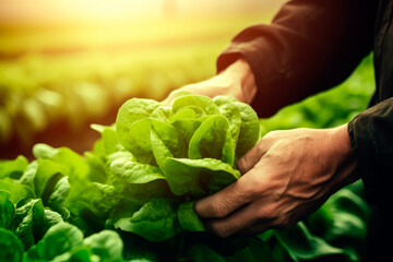 Generative AI illustration of crop unrecognizable farmer collecting green lettuce from plantation on sunny day