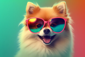 Cute Pomeranian wearing Sunglasses, Colorful Background, AI-Generated Image	