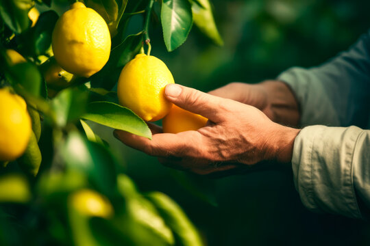 Generative AI illustration of crop unrecognizable male gardener collecting ripe yellow lemons from green tree