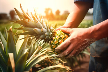 Generative AI illustration of crop anonymous male farmer collecting ripe pineapples on sunny plantation