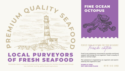 Fine Ocean Seafood Product Abstract Vector Packaging Label Design. Modern Typography and Hand Drawn Octopus Sketch Silhouette with Sea Lighthouse Background Layout