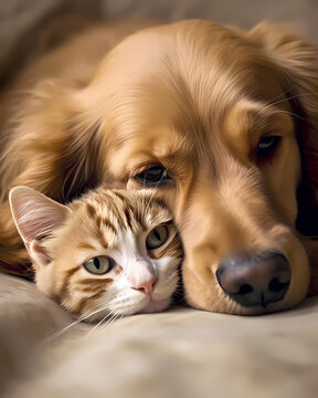 Portrait chien et chat animaux : gros plan calin
