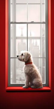 Portrait chien animaux : Chiot à la fenêtre d'une ville
