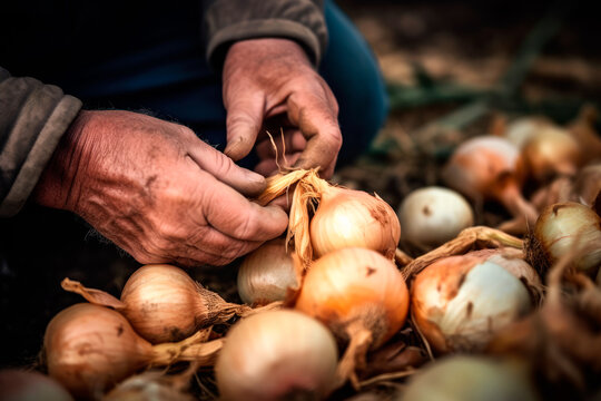 Generative AI illustration of crop anonymous male farmer sorting harvest of onion while sitting on ground