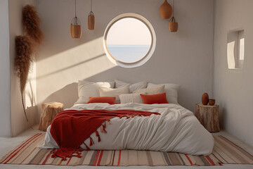 Master bedroom in Mediterranean style. Home decoration concept. Generative AI